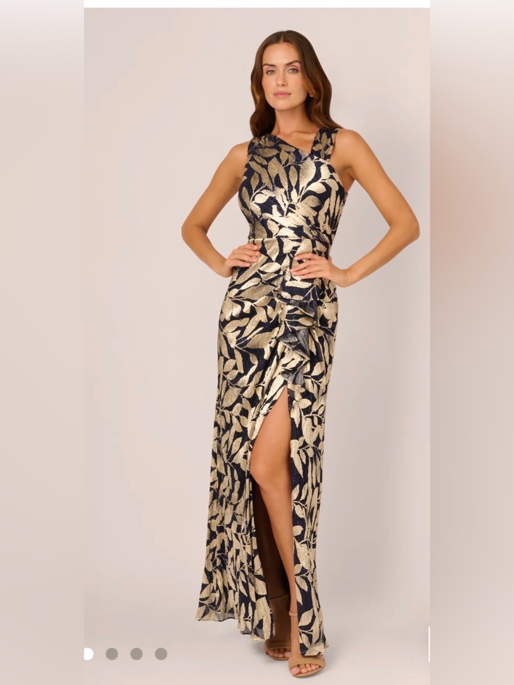 Adrianna Papell Navy and Gold Leaf-Print Maxi Dress